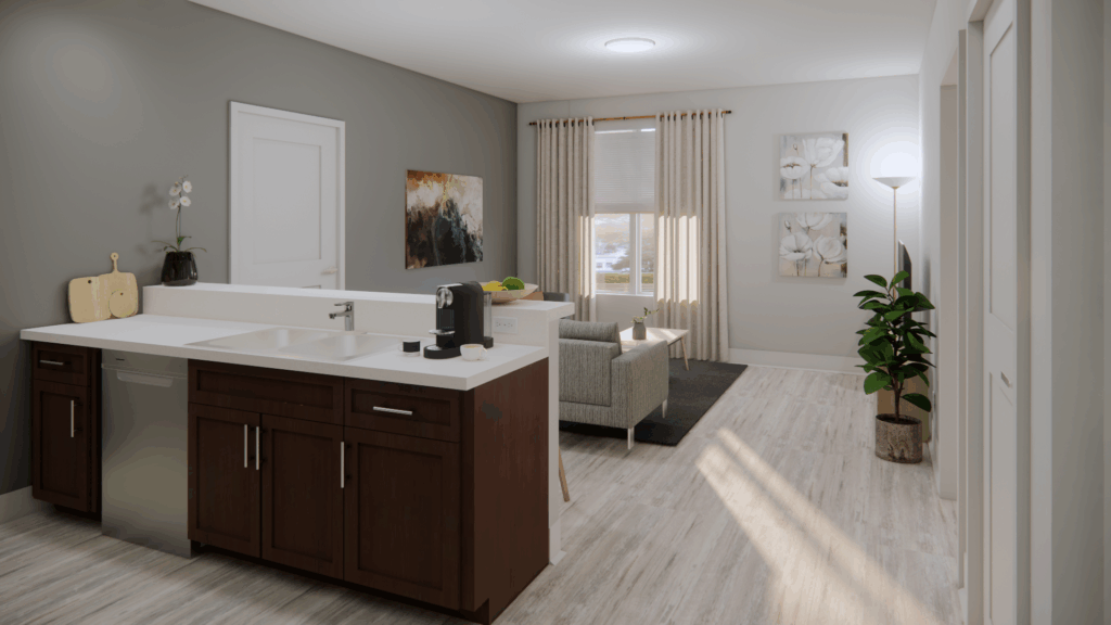 Rendering of apartment kitchen overlooking living room
